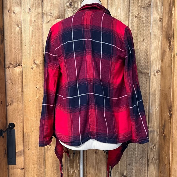 Red Black Small Flannel Fringe Cardigan Western Boho Streetwear - Picture 5 of 6